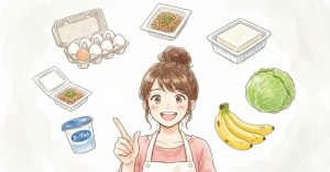お団子ヘアの女性が人差し指を立てて微笑み、その周囲にパック入りの卵、豆腐、納豆、キャベツ、バナナ、ヨーグルトが並ぶ淡いタッチの挿絵