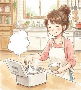 湯気が立つ炊飯器から笑顔でお茶碗にご飯をよそうエプロン姿の女性と、左側にある白い空白の吹き出しの水彩画風イラスト