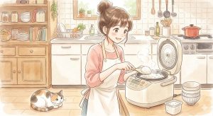 明るいキッチンで、笑顔の女性が炊飯器からしゃもじでご飯をよそっている水彩画風のイラスト