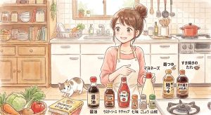 キッチンで笑顔を浮かべる女性と、手前に並んだ醤油、ウスターソース、ケチャップ、マヨネーズ、麺つゆなどの自炊初心者向け調味料のイラスト