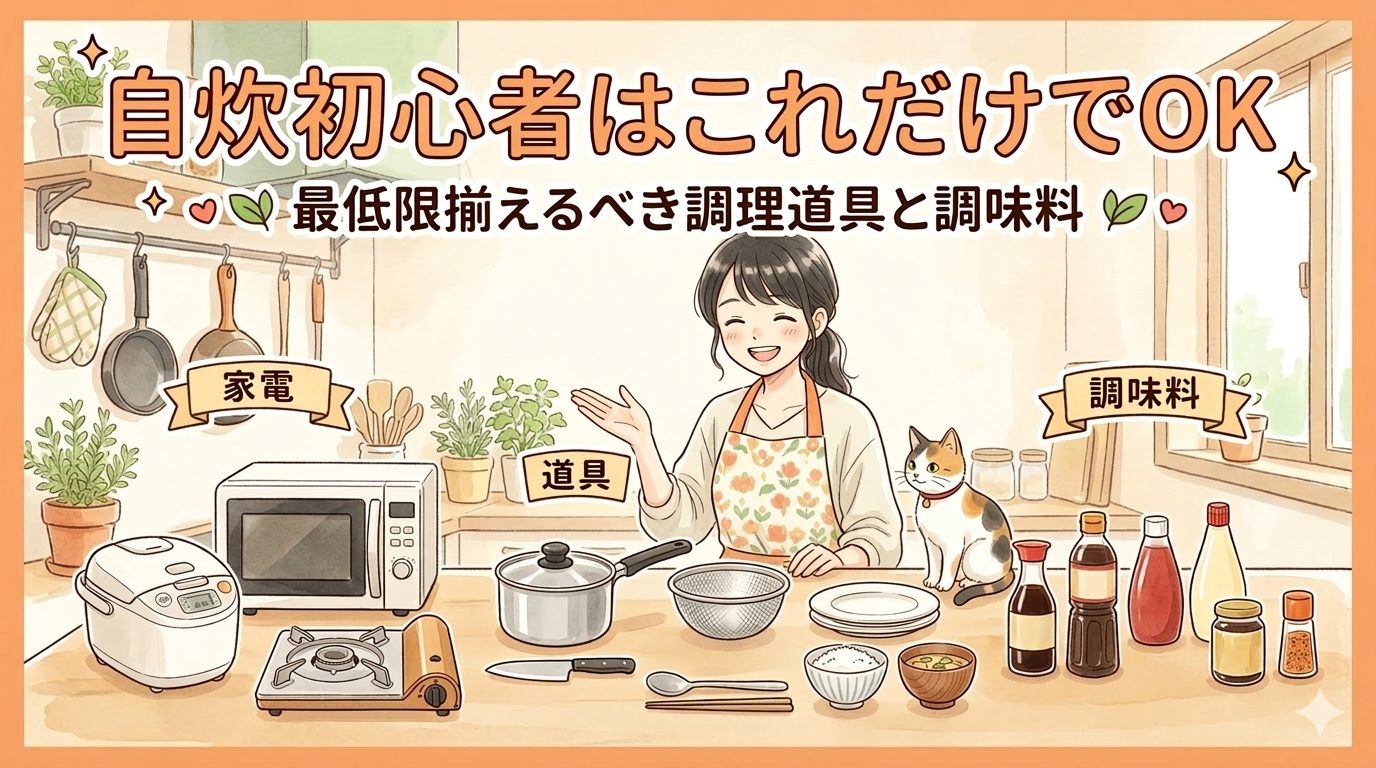 「自炊初心者はこれだけでOK 最低限揃えるべき調理道具と調味料」の文字が入ったアイキャッチ画像。キッチンに立つ笑顔の女性と三毛猫、手前に並ぶ家電・道具・調味料のイラスト