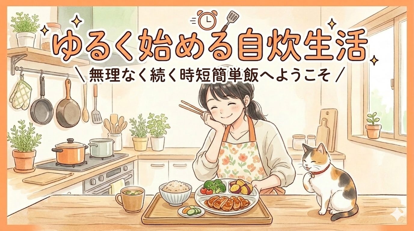 温かみのあるキッチンで、手作りの料理を前に笑顔で箸を持つ女性と、隣に寄り添う三毛猫のイラスト（ゆるく始める自炊生活）