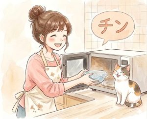電子レンジを使って手軽に調理や温めを行う女性と、横に座るかわいい三毛猫のイラスト