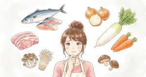 毎日の献立や食材の使い道に悩む女性のイラスト。サバ、豚肉、しめじ、えのき、玉ねぎ、大根、にんじん、しいたけが周囲に並ぶ