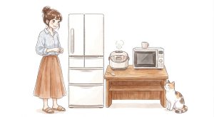 キッチン家電（冷蔵庫、炊飯器、電子レンジ）の前に立つ笑顔の女性と、足元で見上げる三毛猫のイラスト
