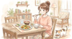 明るい部屋の食卓で、笑顔で野菜炒め定食を食べる女性と、足元でキャットフードを食べる三毛猫の水彩画風イラスト
