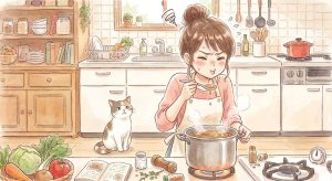 キッチンで料理の味見をして、微妙な表情で困るお団子ヘアの女性と猫のイラスト