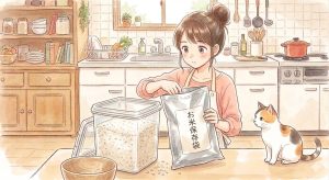 「お米保存袋」と書かれたアルミ袋を手にする女性と、それを見つめる三毛猫の温かみのあるイラスト