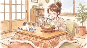 雪が降る冬の日に、こたつに入って温かい鍋焼きうどんを笑顔で食べる女性と、隣でごはんを食べる三毛猫の水彩画風イラスト