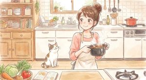 明るいキッチンでエプロン姿の女性が料理をしながら微笑み、その横で三毛猫が座っている水彩画風イラスト