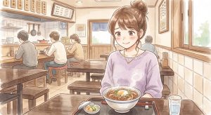 定食屋の店内で、温かい卵付きの牛丼を前にして笑顔を浮かべるお団子ヘアの女性のイラスト