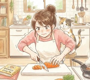 キッチンで真剣な表情で人参を切るお団子ヘアの女性と、後ろからハラハラと見守る三毛猫のイラスト