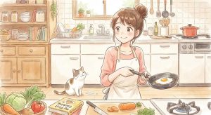 明るいキッチンでエプロンを着てフライパンで目玉焼きを焼く女性と、足元で見守る三毛猫の水彩画風イラスト