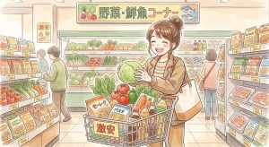 スーパーの野菜コーナーで楽しそうに食材を選ぶ女性。買い物カートにはパスタやトマト、ニンジンなどの食材がのっている温かみのあるイラスト