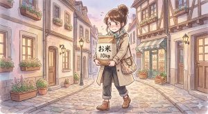 格安販売のお米10kgを頑張って徒歩で持ち帰る女性のイラスト。買い出しの奮闘記や節約生活のイメージ画像