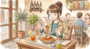 イタリアンレストランで、湯気の立つトマトパスタを笑顔で食べるお団子ヘアの女性のイラスト