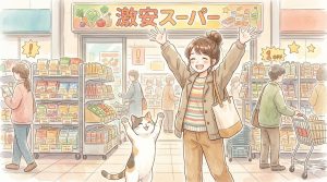 「激安スーパー」の看板の前で、笑顔で両手を広げて大喜びする女性と三毛猫。周囲には商品を陳列した棚や買い物カートを押す客が描かれた水彩画風イラスト