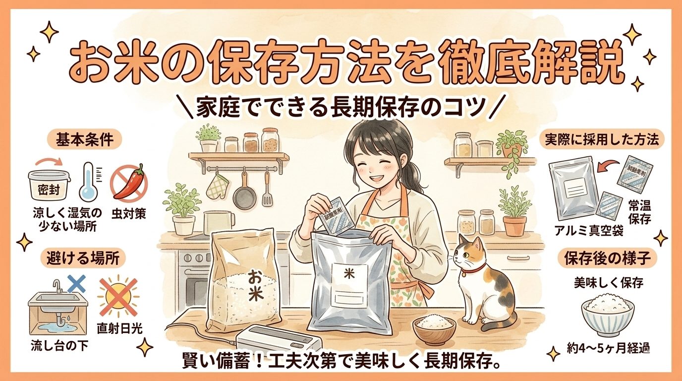 お米の保存方法を徹底解説。家庭でできる長期保存のコツを紹介するインフォグラフィック画像